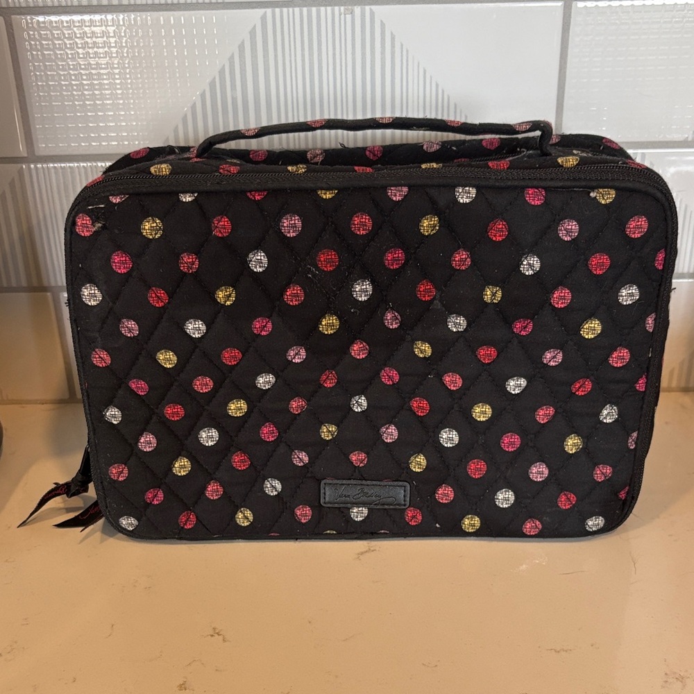 Vera Bradley Black Quilted Cosmetic Case with Pink, Gold & Silver Polka Dots